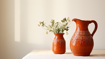 An orange terracotta pitcher with rustic designs, exuding warmth against a seamless white table.