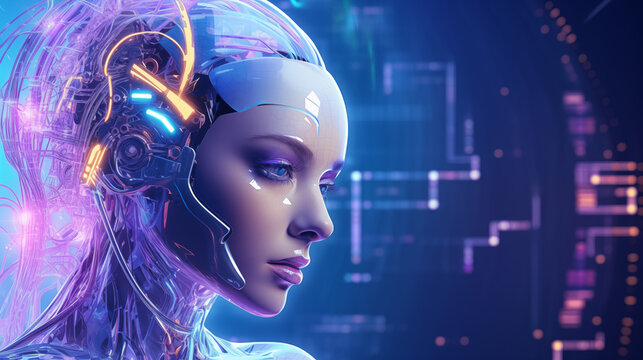Innovative humanoid female face; concept of transhumanism and singularity; cyborg head of woman with artificial general intelligence; beautiful sci-fi robotic girl, ai circuits and wires; copy space
