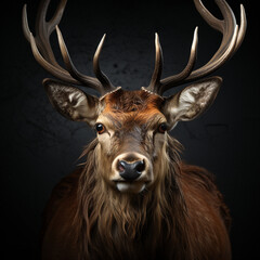 Close-up of a Red deer stag in front of a dark background. generative ai