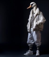 Creative animal concept. Swan bird full body in hip hop stylish fashion isolated on dark background, commercial, editorial advertisement, surreal, copy text space	 - obrazy, fototapety, plakaty