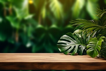 Wooden table in front of tropical green Monstera leaves floral background. for product display and presentation.