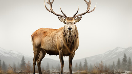 Close-up of a Red deer stag in front of a white background. generative ai