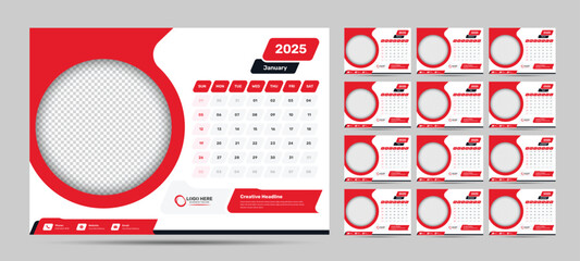 12 pages office desk calendar template for 2025 with circular image placeholder