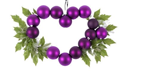 Christmas Leaves and purple and gold ball ornaments in heart shape border, empty space in center without background