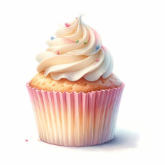 A watercolor painting of a cupcake on a white background. The painting style is delicate and artistic, capturing the soft texture of the cupcake