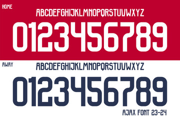 font vector team 2023 - 24 kit sport style font. football style font with lines and points inside. Ajax font. sports style letters and numbers for soccer team. Netherlands league