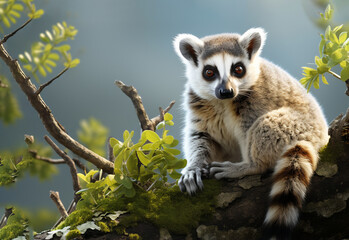 Ring-tailed lemur on branch. closeup of ring-tailed lemur, Lemur catta sitting on tree generative ai