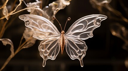 Close-up of a delicate glass butterfly ornament with detailed wings.