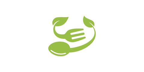 fork and spoon and green leaf logo design. icon symbol for natural health restaurant food. organic health. organic food for vegetarians