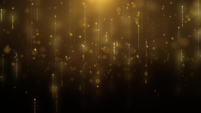 Glittering gold particle background greeting merry Christmas footage with lens flare shinning light. Abstract straight line with bokeh new year festival 4K motion loop