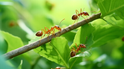 Red ants are looking for food on green branches. Work ants are walking. generative ai