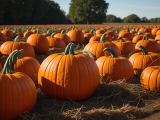 Seasonal Pumpkin Fields in Autumn. Pumpkin Plantation Scene. Pumpkin Patch