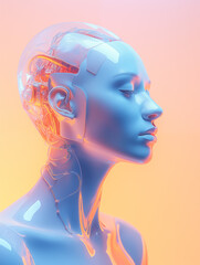 Conceptual 3d render of a cyborg with purple ceramic skin. Artificial general intelligence concept; singularity with cybernetic brain, future biotechnology; body of an android with cyber skull