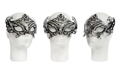 Silver openwork carnival or theatrical mask on mannequin head, 3 views, isolated. Clothing and...
