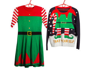 Cute traditional Christmas elf costumes: elf dress and sweater. Front view, isolated