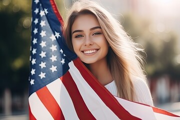 Fototapeta premium Portrait of a girl against the American flag