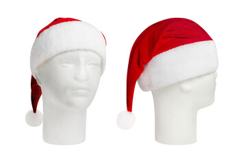 Christmas Santa Claus red hat on mannequin head, front and side view, isolated