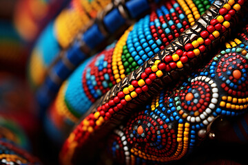 Close-up photography of traditional handmade African jewelry, intricate embroidery, vibrant...