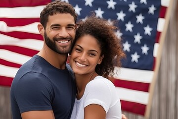Happy Immigrant Family against the backdrop of America's flag
