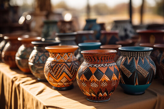 Traditional African pottery and crafts displayed in a local market, focusing on the patterns, colors, and craftsmanship