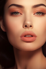Close up portrait of beautiful young brunette woman with peach fuzz lips and eyeshadows