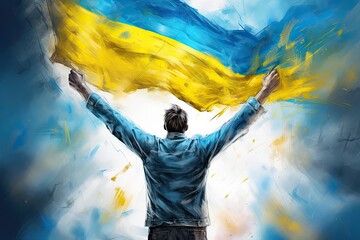 A man stands back with his hands raised on the background of the blue-yellow flag of Ukraine - obrazy, fototapety, plakaty