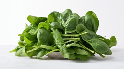 Dew-kissed spinach leaves neatly arranged in a cluster, gleaming on a bright white table.