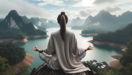 Mujer en posición de loto realizando una profunda meditación al amanecer, buscando la paz interior y la armonía espiritual en un entorno natural zen paisaje - Paisaje zen agua - obrazy, fototapety, plakaty