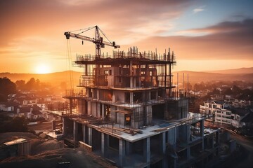 Marvelous Sunset Scene: Construction site aglow with the silhouette of structural steel beams, crafting grand residential buildings against a breathtaking sunset backdrop - obrazy, fototapety, plakaty