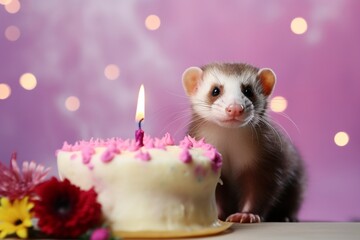 Fototapeta na wymiar A mirthful ferret enjoying a slice of birthday cake at a lively celebration. Copy space on solid background.