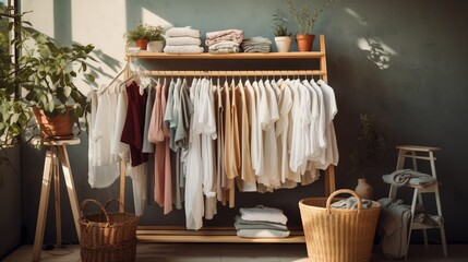 Obraz na płótnie Canvas Freshly laundered clothes on a wooden drying rack.