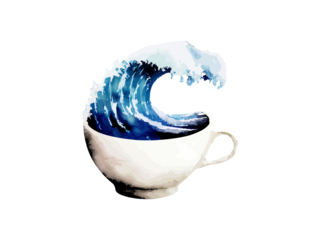 Vector traditional japanese ramen and the great wave of kanagawa on a bowl ukiyoe style of illustration