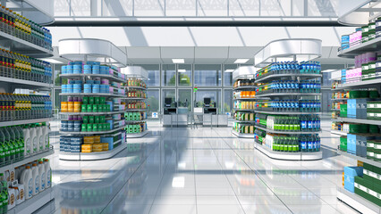 Sales area of the store with rows of shelving, display of goods and daylight. 3d illustration - obrazy, fototapety, plakaty