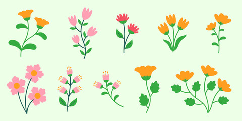 Flower set with flowers, leaves, plants, bouquet illustration in vector flat style.