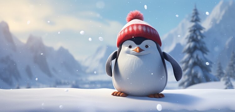 A playful depiction of a penguin with an amusingly large hat, joyfully scooting through a snowy landscape, dressed in a cozy winter coat and a red stocking cap, 