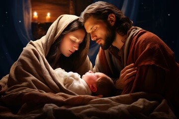 Mary and Joseph with the newborn Jesus in their arms. Christmas nativity portrait 
