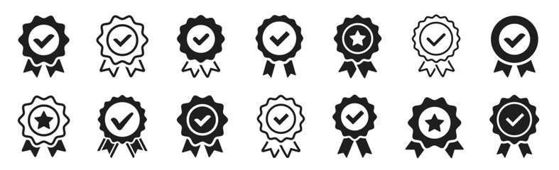 Approval check big icon set. Verified, certified, medal, correct mark, award ribbon, badge, quality certify sign - stock vector - obrazy, fototapety, plakaty