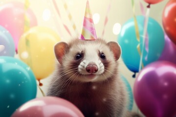 Fototapeta na wymiar A radiant ferret holding a birthday balloon, celebrating at a birthday party. Copy space.