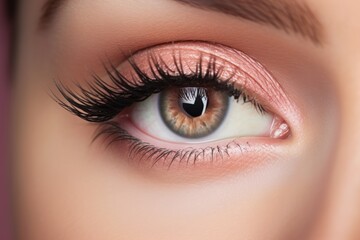 Fototapeta premium Beautiful macro shot of female brown eye make up with peach fuzz eyeshadows