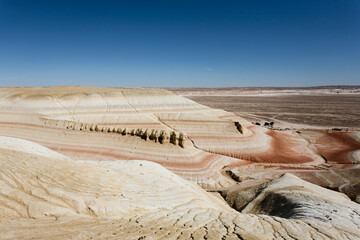 Kyzylkup plateau landscape, Mangystau desert. Rock strata formations