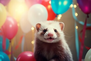 Fototapeta na wymiar A radiant ferret holding a birthday balloon, celebrating at a birthday party. Copy space.