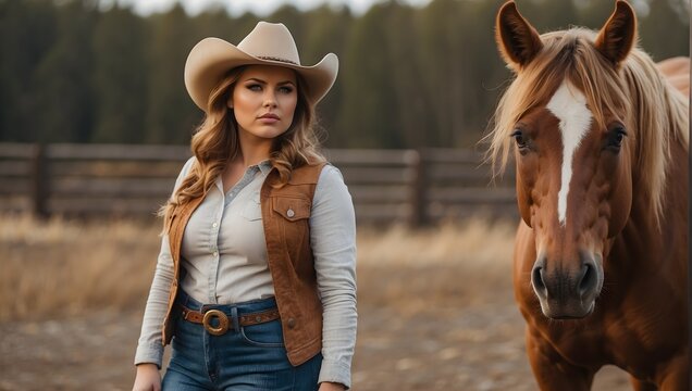 portrait chubby caucasian woman wearing cowgirl clothes