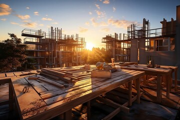Fototapeta na wymiar Marvelous Sunset Scene: Construction site aglow with the silhouette of structural steel beams, crafting grand residential buildings against a breathtaking sunset backdrop