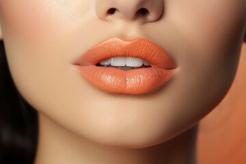 Close up view of beautiful plump female lips with peach fuzz lipstick