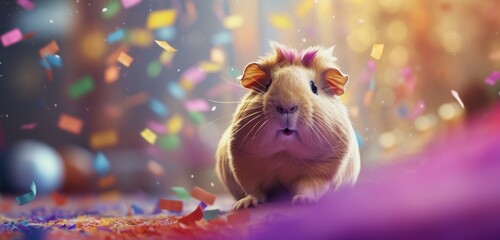A radiant guinea pig popping confetti during a birthday party celebration.