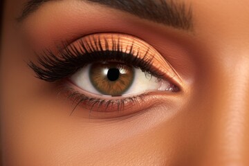 Beautiful macro shot of female African American brown eyes with peach fuzz eyeshadows - obrazy, fototapety, plakaty