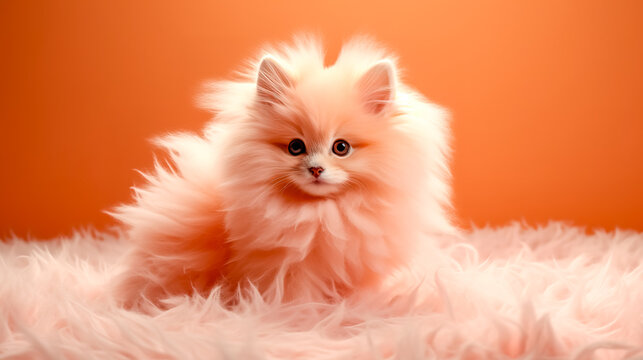in peach color, cute little furry dog on the carpet, 2024 Banner
