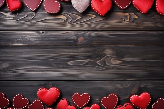 Valentines day concept with red hearts on wooden background banner abstract Copy space