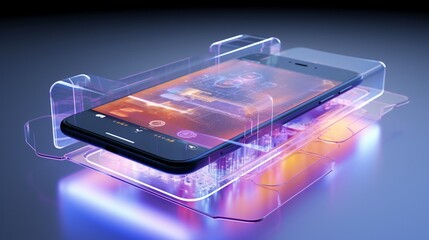 Mobile phone with holographic display technology, projecting a 3D interface above its screen, set against a clear white canvas.