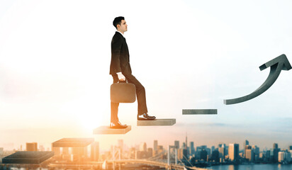 Business man climb up stair steps to career success with business district and horizon skyline as...
